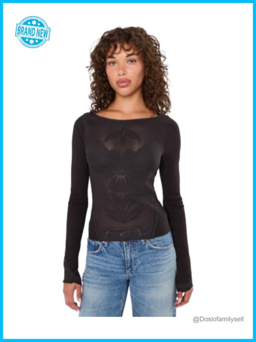 Semi-Sheer Knit Long Sleeve Top with Boat Neck and Bell Sleeves
